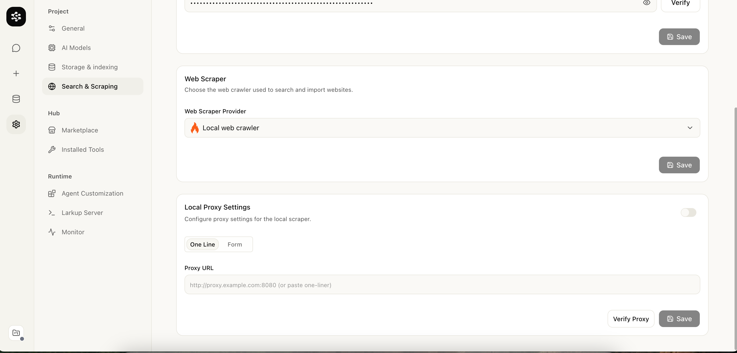Proxy server, username, and password fields