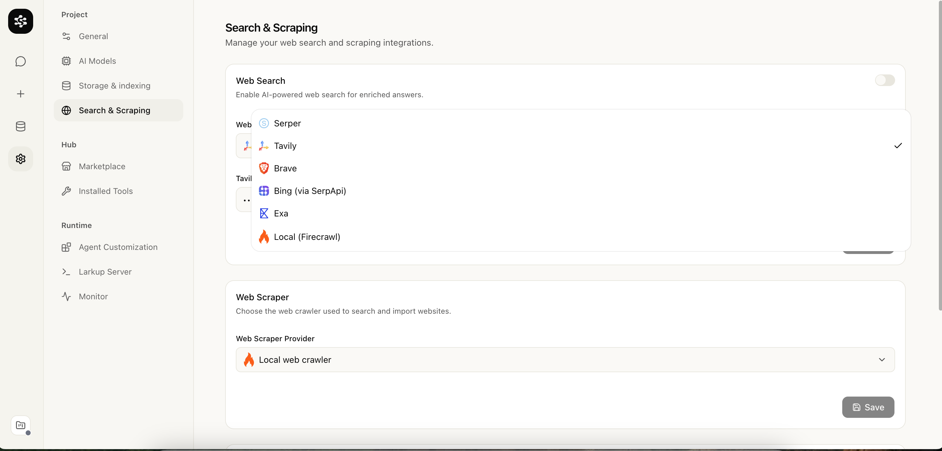 Web search and web scraper provider settings