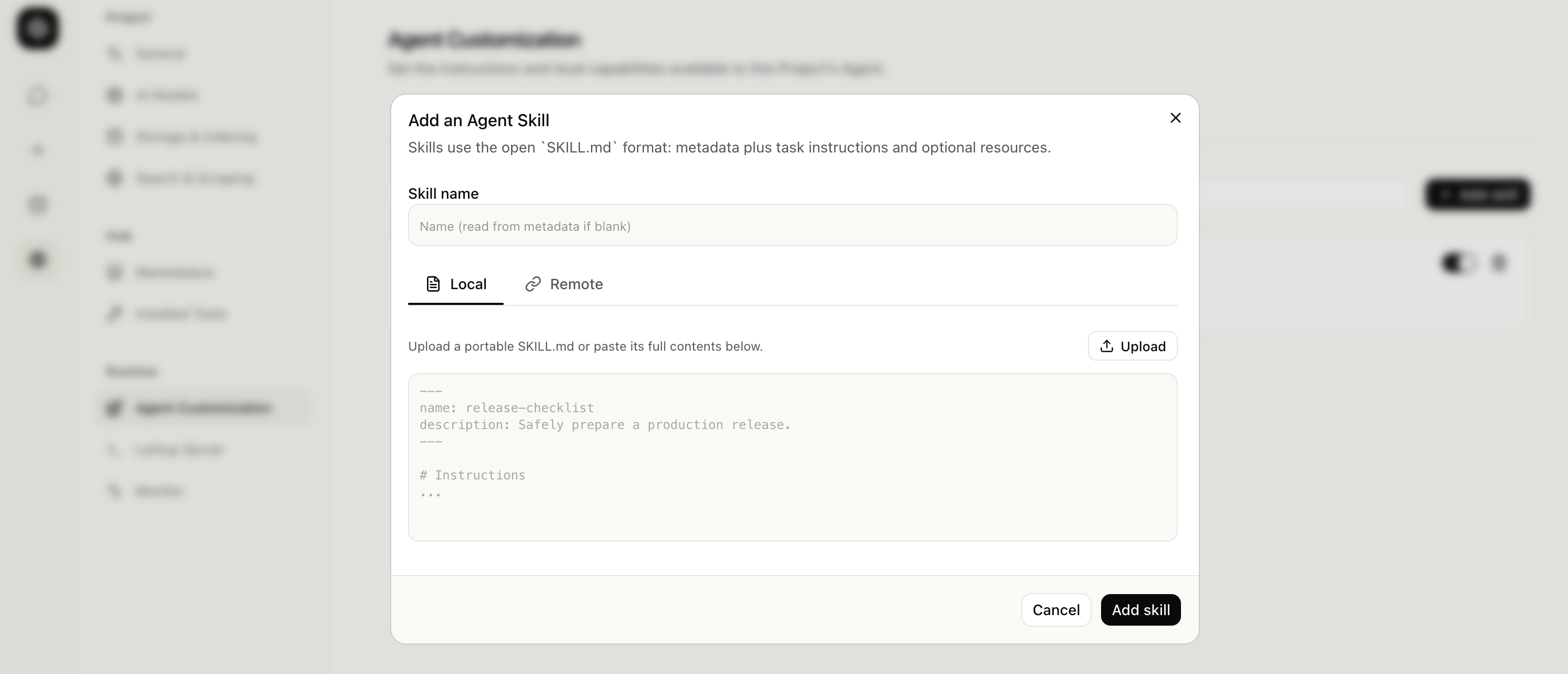Add an Agent skill dialog