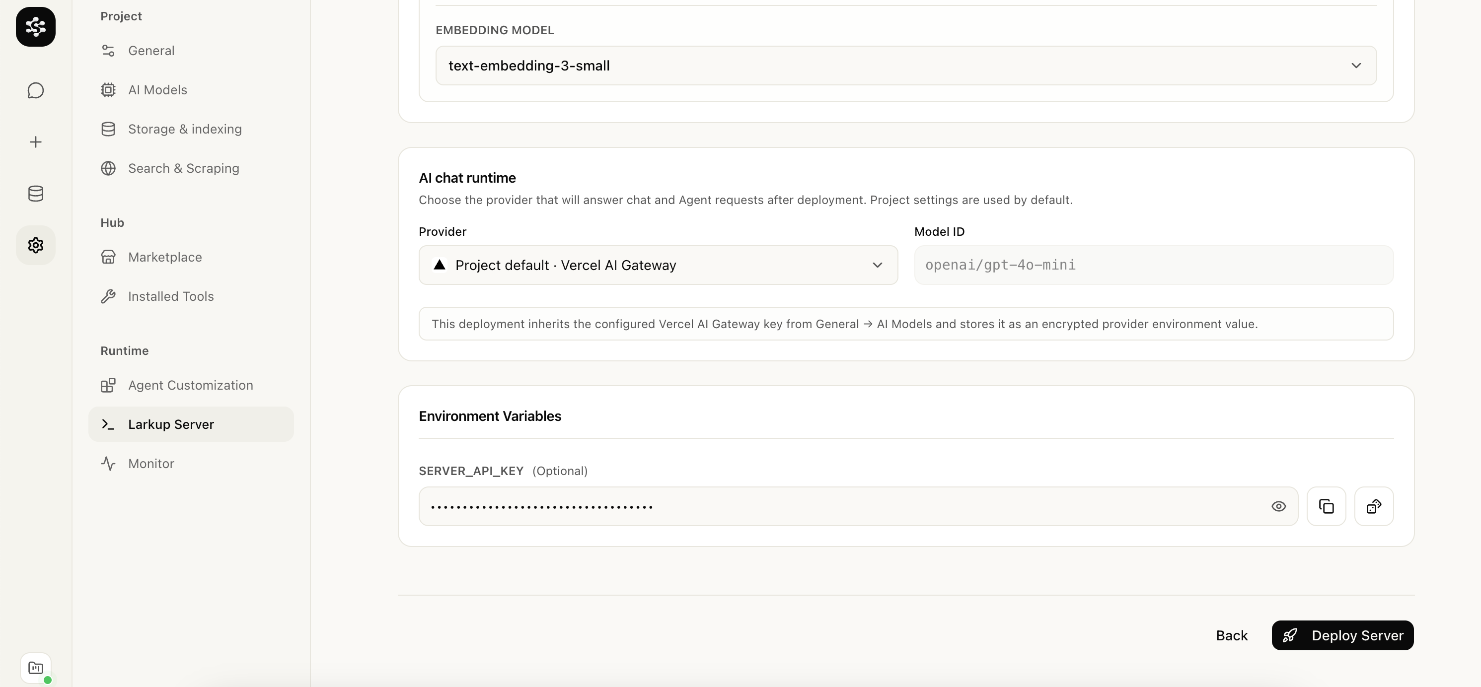 Embedding model, AI chat runtime, and environment variables