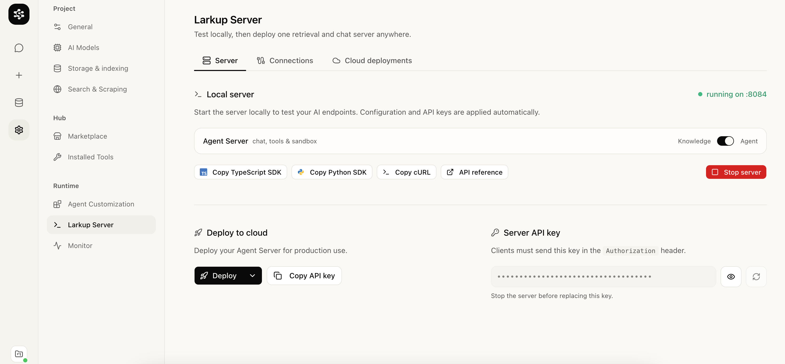 Larkup Server settings with the Agent Server ready to launch