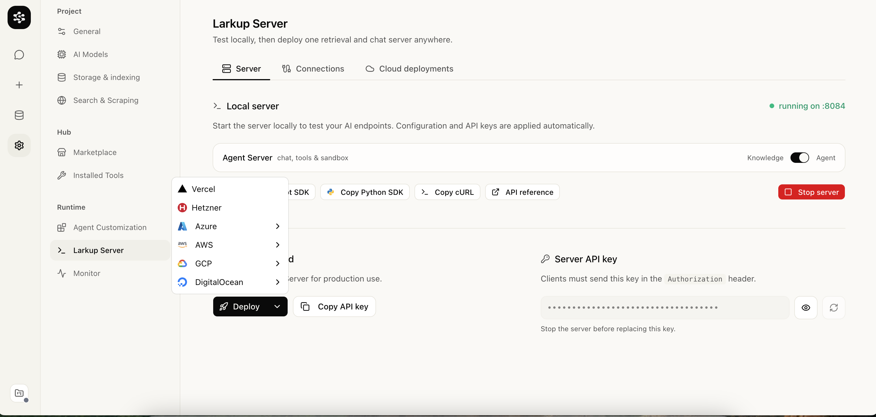 Deployment provider menu in Larkup Server settings