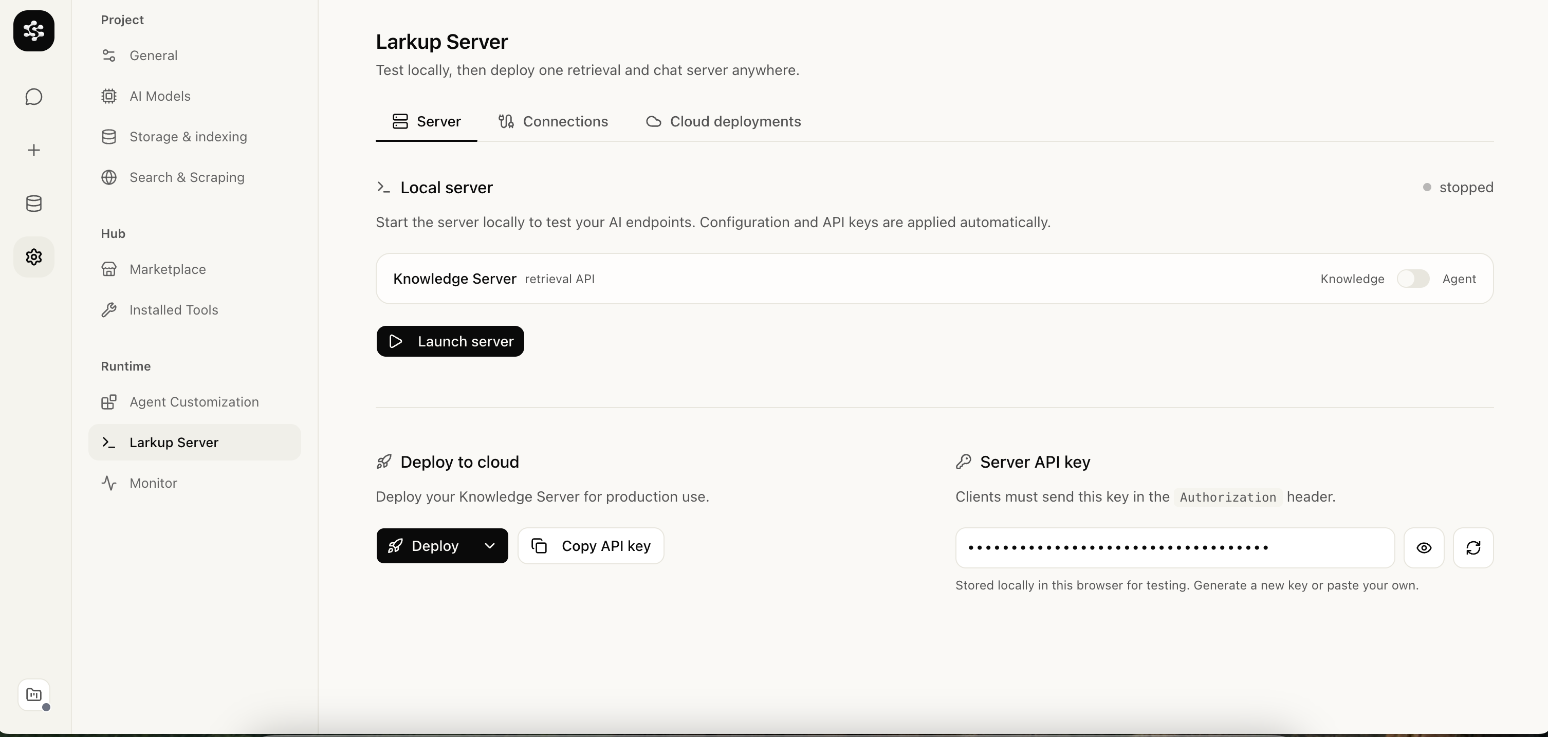 Larkup Server settings with the local server stopped