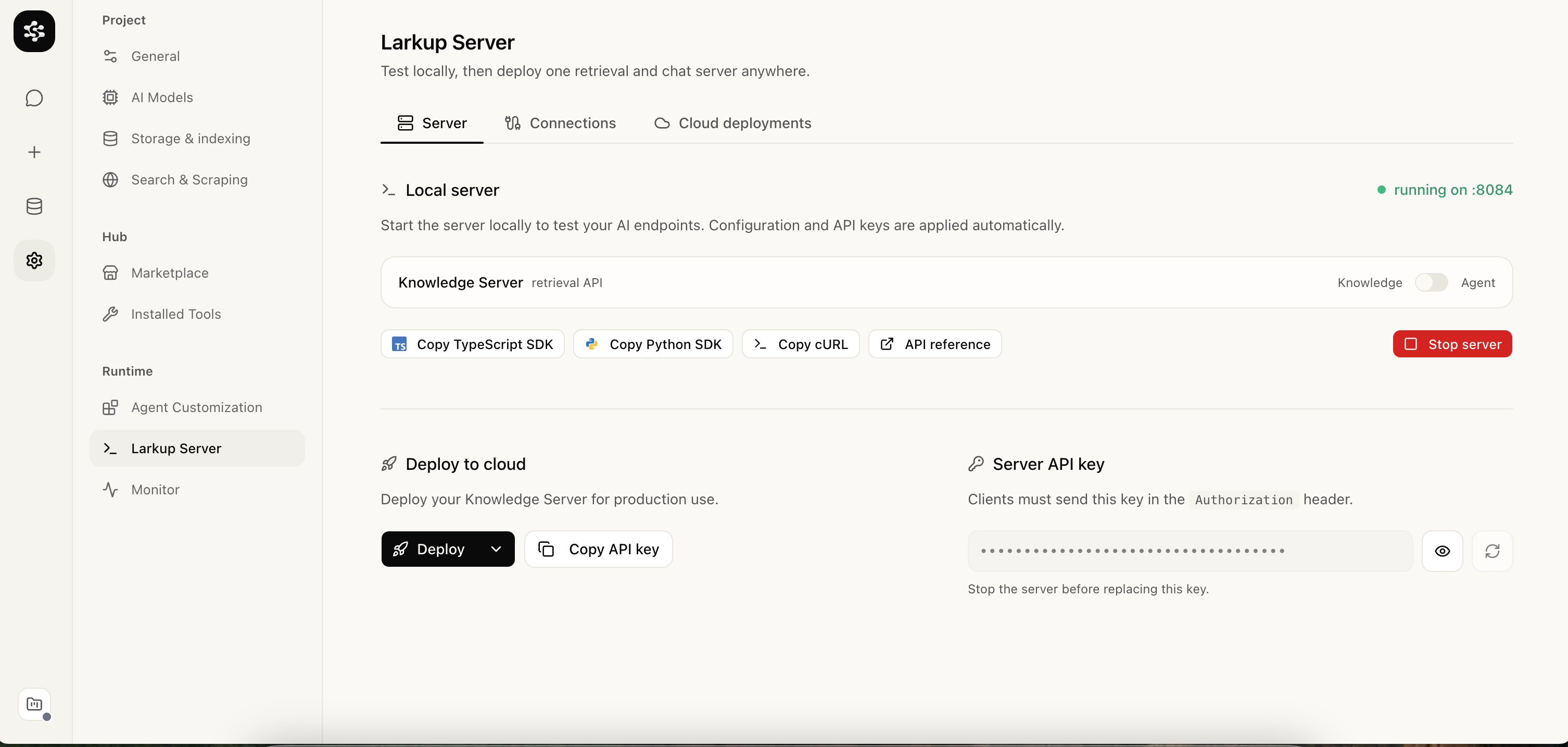 Larkup Server settings with a running server and API key