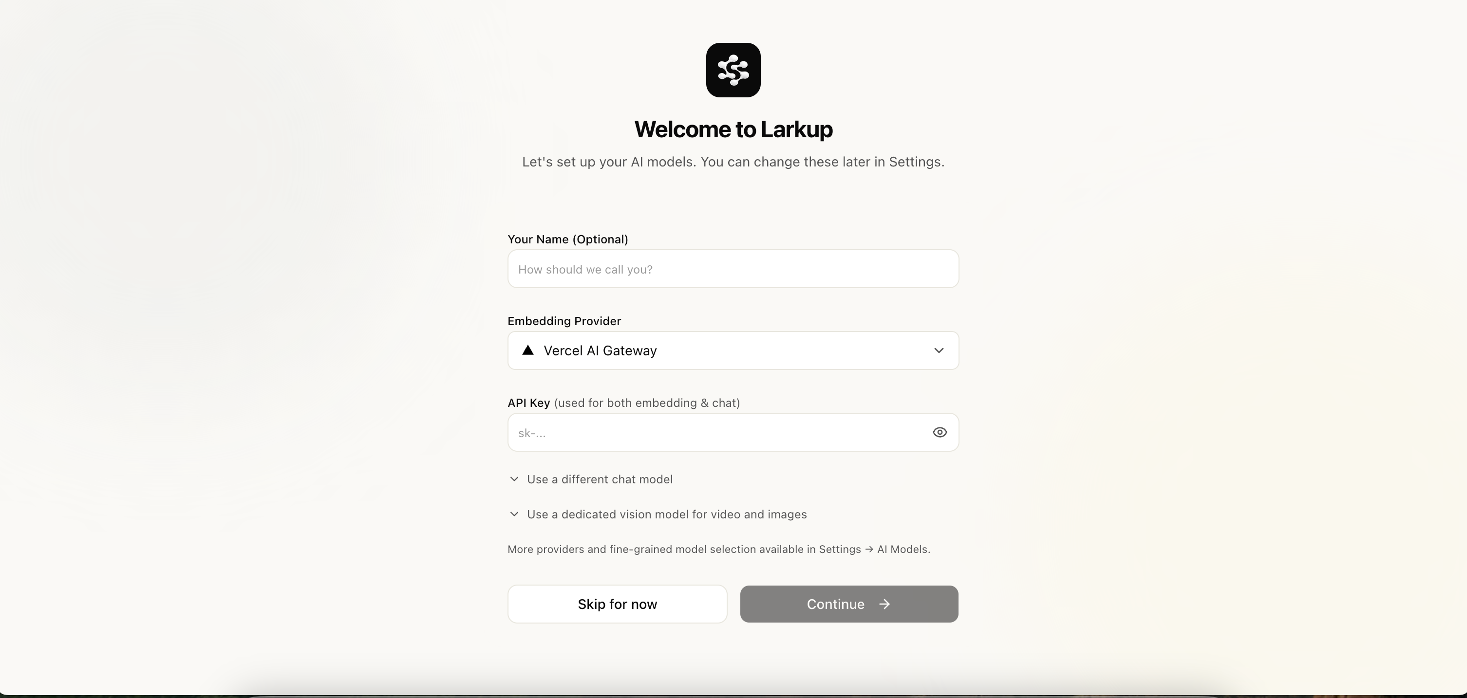 Larkup onboarding screen with AI provider settings