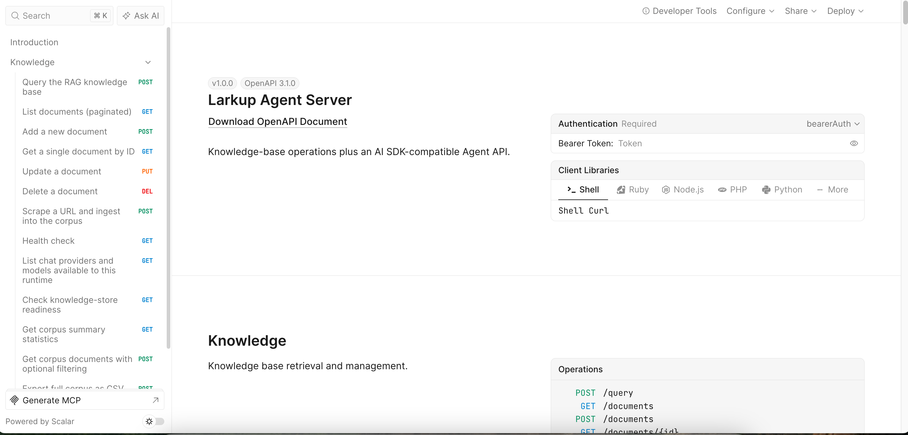 Scalar API reference for the Larkup server