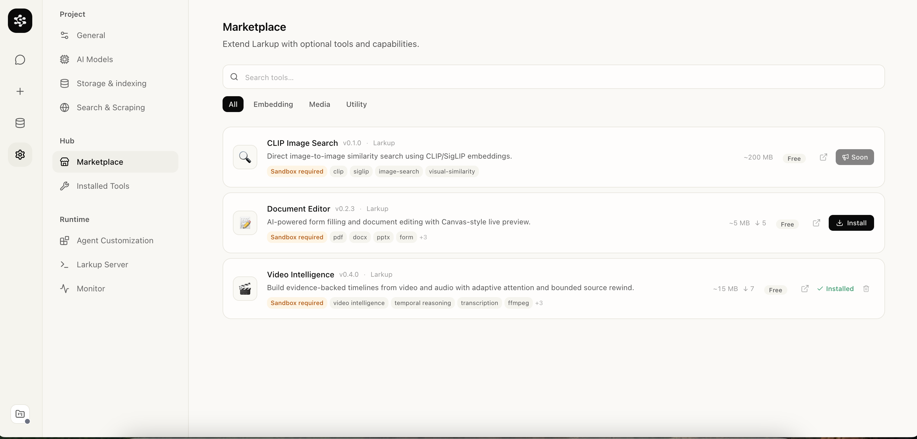 Marketplace showing Video Intelligence tool