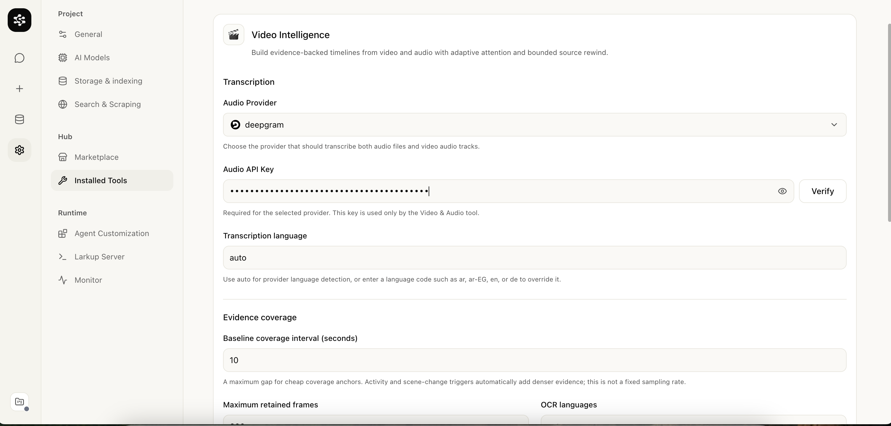 Video Intelligence audio provider and language settings
