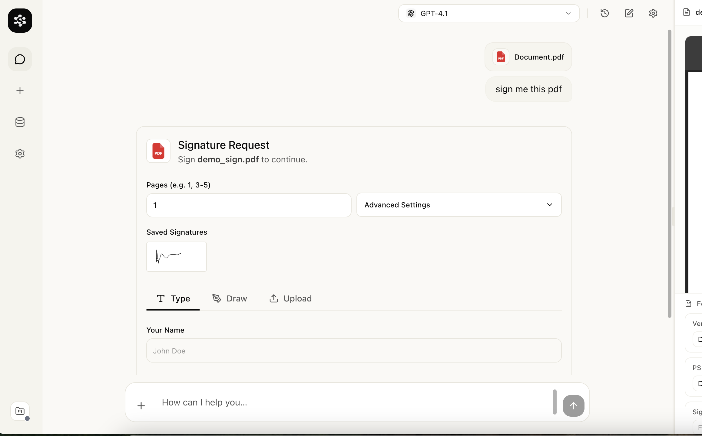 Signature widget in Chat with placement detection