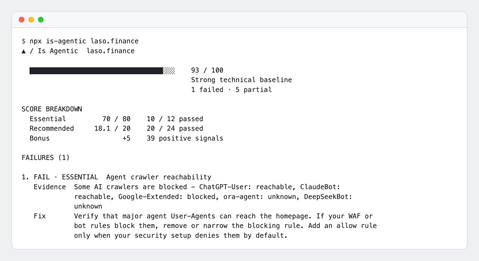 Terminal output of npx is-agentic laso.finance showing a score of 93 out of 100, a score breakdown by Essential, Recommended, and Bonus checks, and one failing check with its evidence and fix.