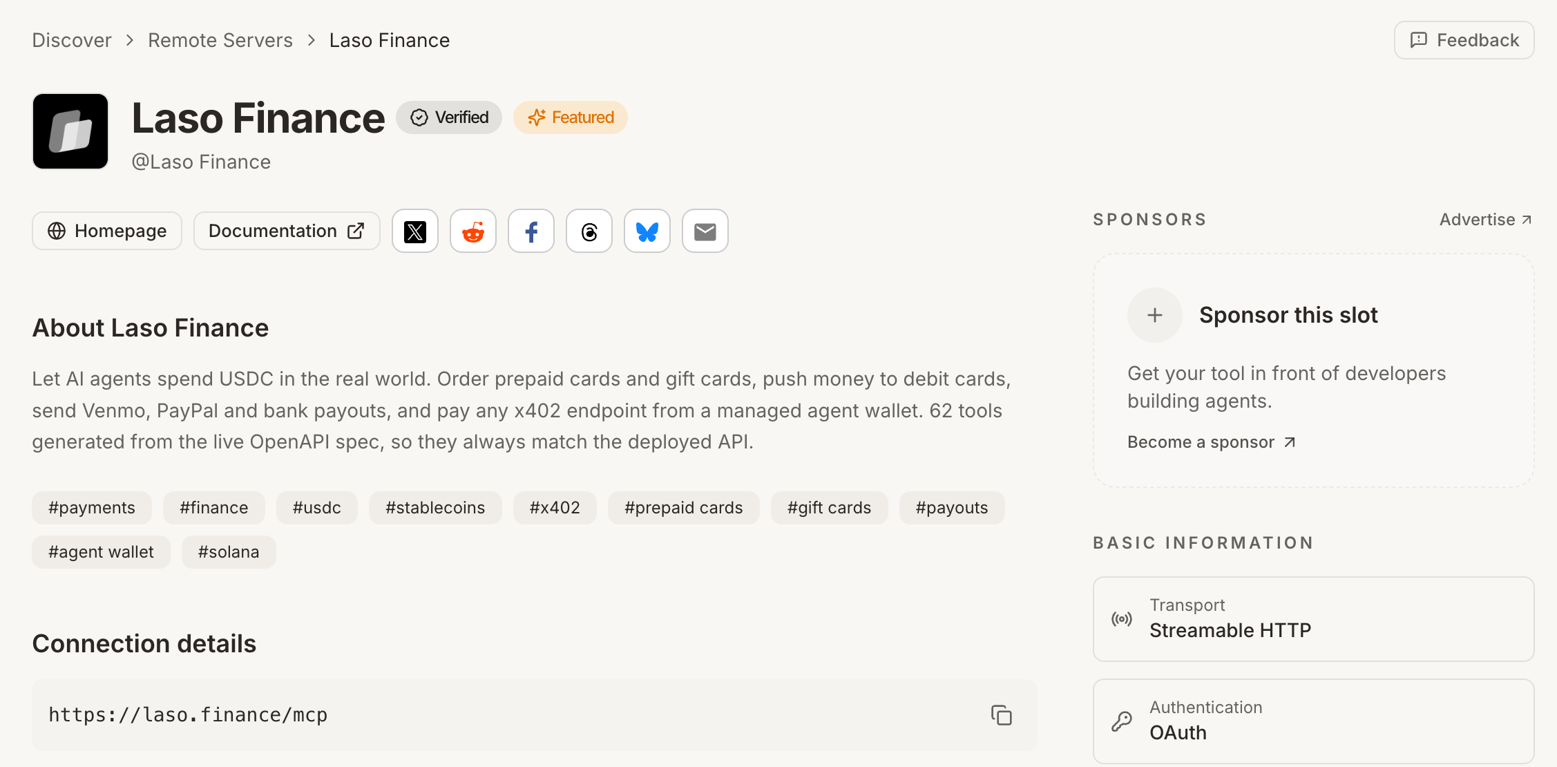 The Laso Finance listing on mcp.so, marked Verified and Featured, with its description, tags, and the https://laso.finance/mcp connection URL.