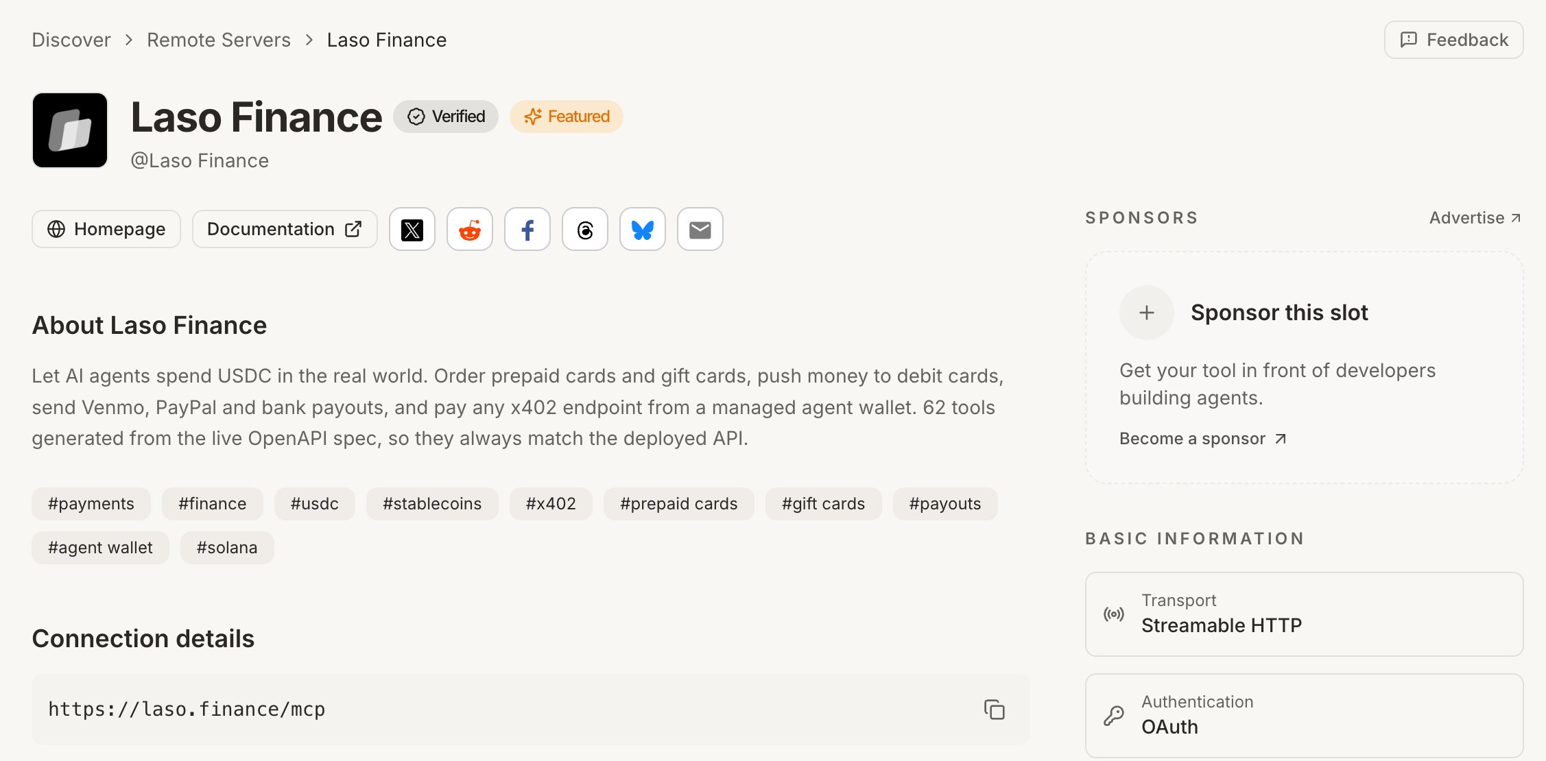 The Laso Finance listing on mcp.so, marked Verified and Featured, with its description, tags, and the https://laso.finance/mcp connection URL.