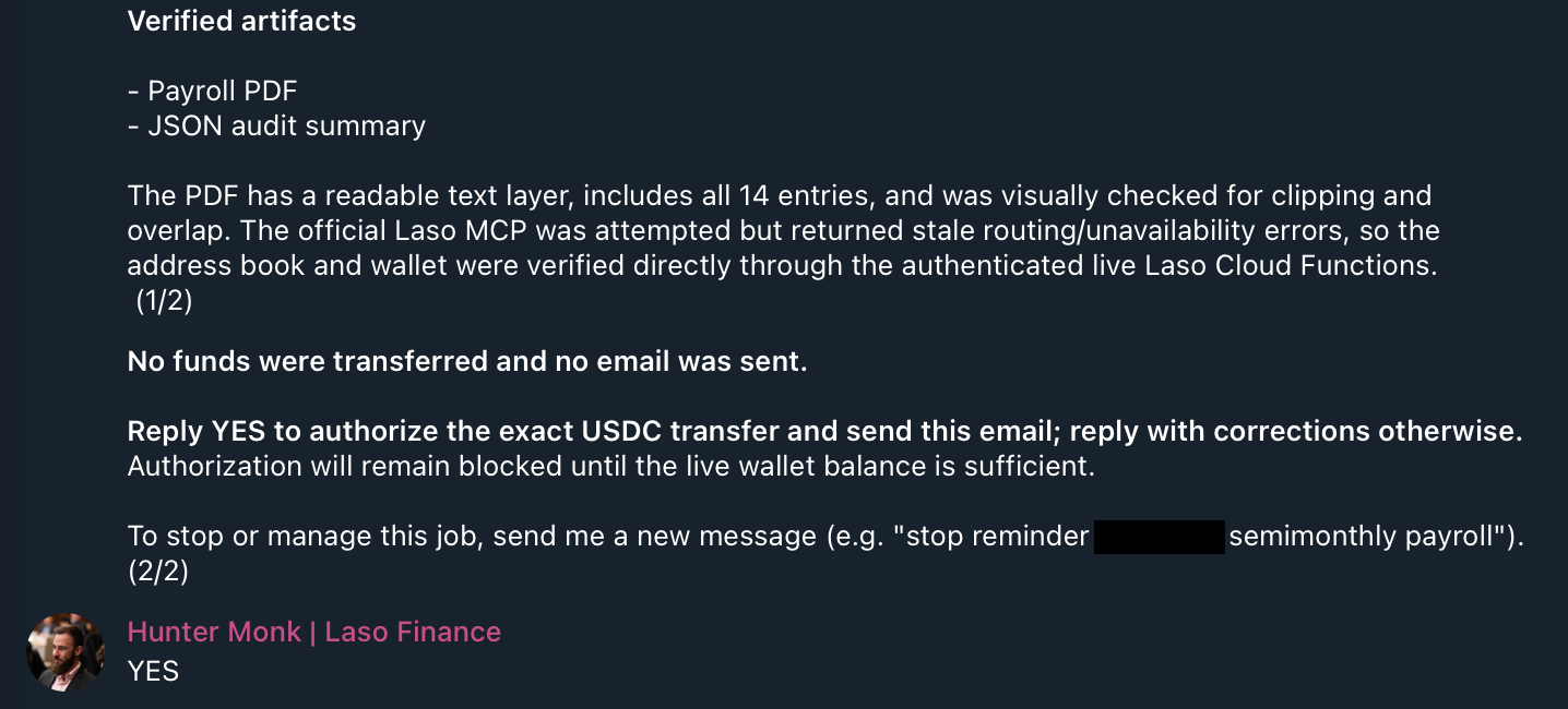 Telegram message from the payroll agent listing verified artifacts, confirming no funds were transferred and no email was sent, and asking the founder to reply YES to authorize the transfer. The founder replies YES.
