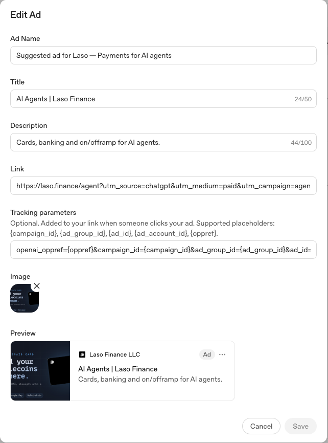 The OpenAI Ads Manager Edit Ad dialog. The tracking parameters field lists the supported placeholders and contains openai_oppref={oppref} followed by the campaign, ad group and ad ID parameters.
