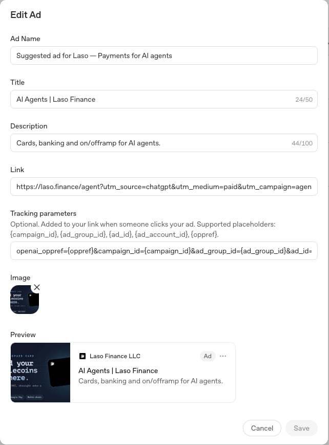 The OpenAI Ads Manager Edit Ad dialog. The tracking parameters field lists the supported placeholders and contains openai_oppref={oppref} followed by the campaign, ad group and ad ID parameters.