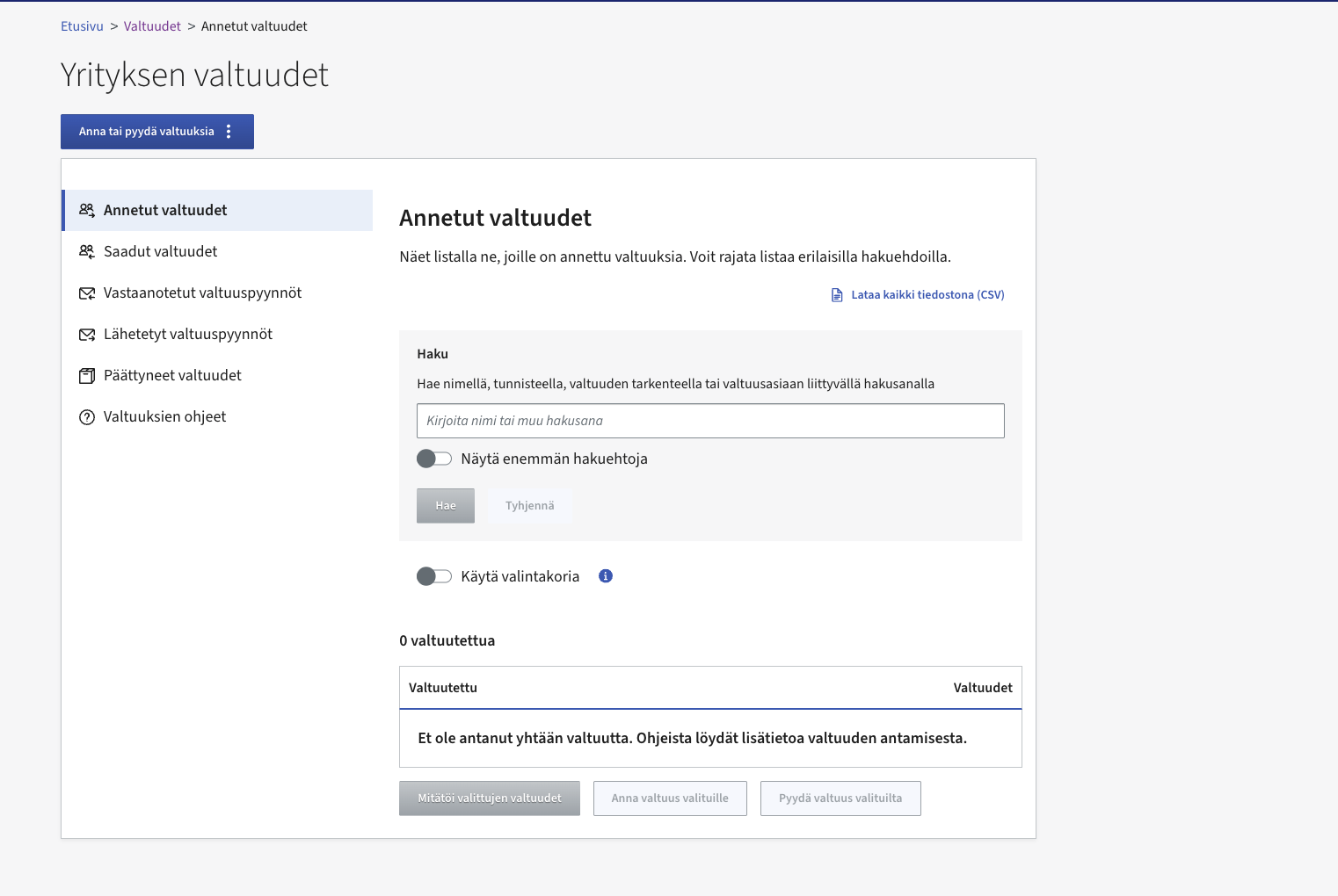 Suomi.fi company mandates page (Yrityksen valtuudet) with the granted-mandates list and the grant-or-request button