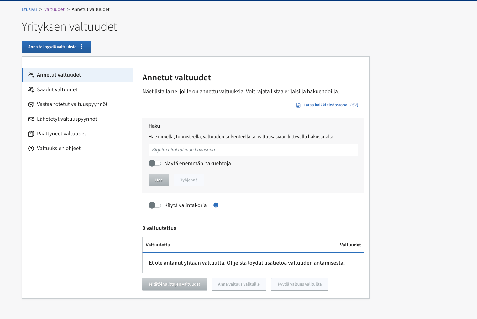 Suomi.fi company mandates page (Yrityksen valtuudet) with the granted-mandates list and the grant-or-request button