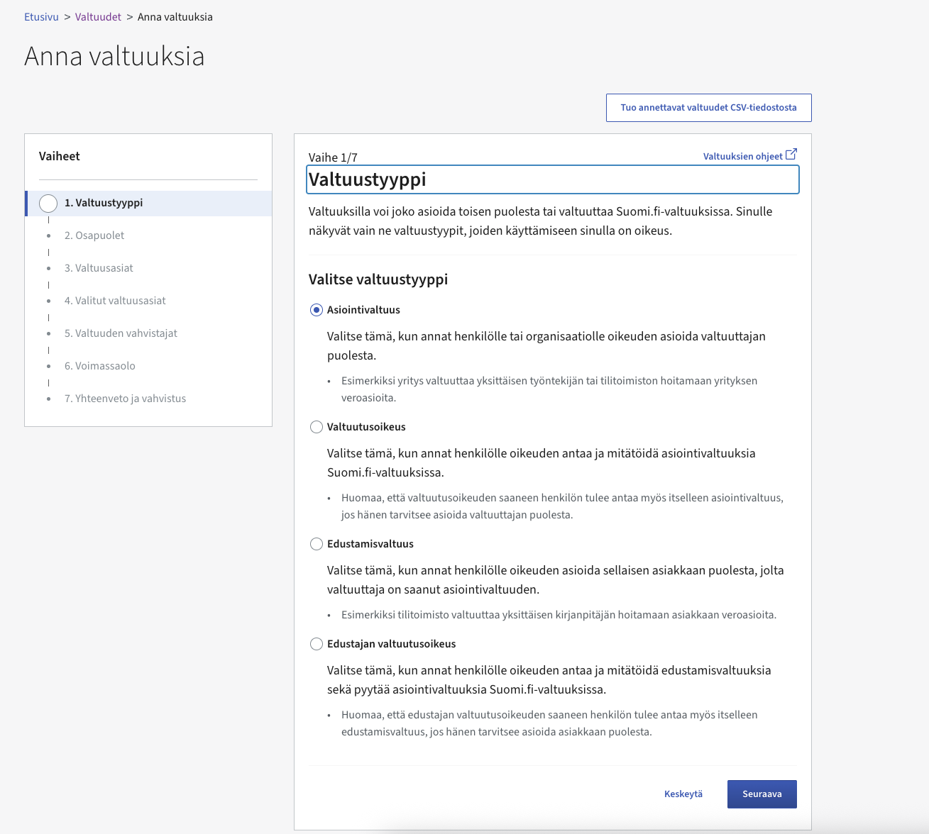 Suomi.fi grant-mandates step 1 of 7: mandate type selection with Asiointivaltuus selected