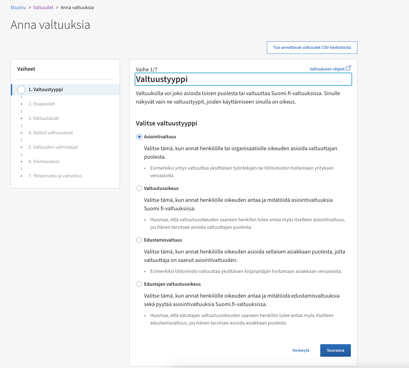Suomi.fi grant-mandates step 1 of 7: mandate type selection with Asiointivaltuus selected