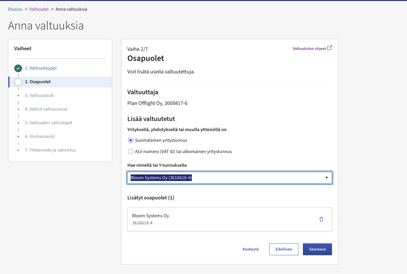 Suomi.fi grant-mandates step 2 of 7: Bloom Systems Oy 3616618-4 added as the authorised party