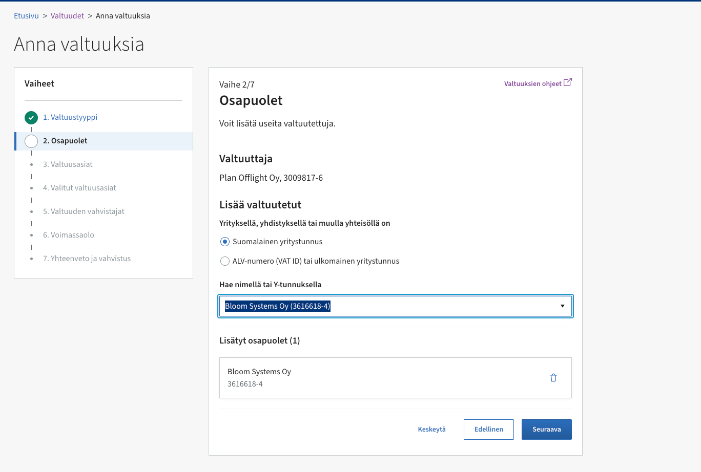 Suomi.fi grant-mandates step 2 of 7: Bloom Systems Oy 3616618-4 added as the authorised party