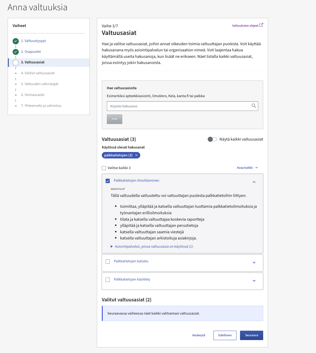 Suomi.fi grant-mandates step 3 of 7: mandate theme search with Palkkatietojen ilmoittaminen selected