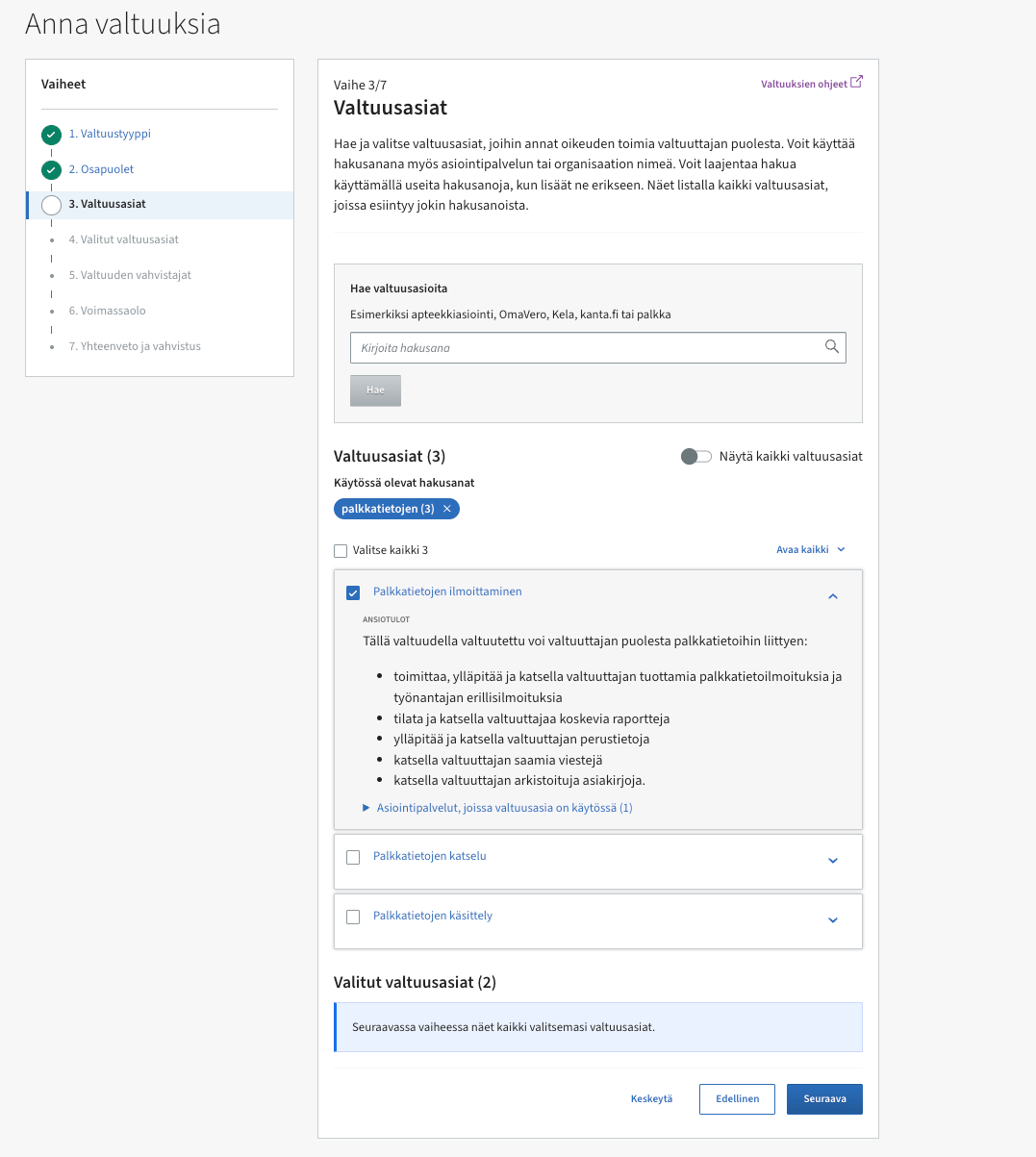 Suomi.fi grant-mandates step 3 of 7: mandate theme search with Palkkatietojen ilmoittaminen selected