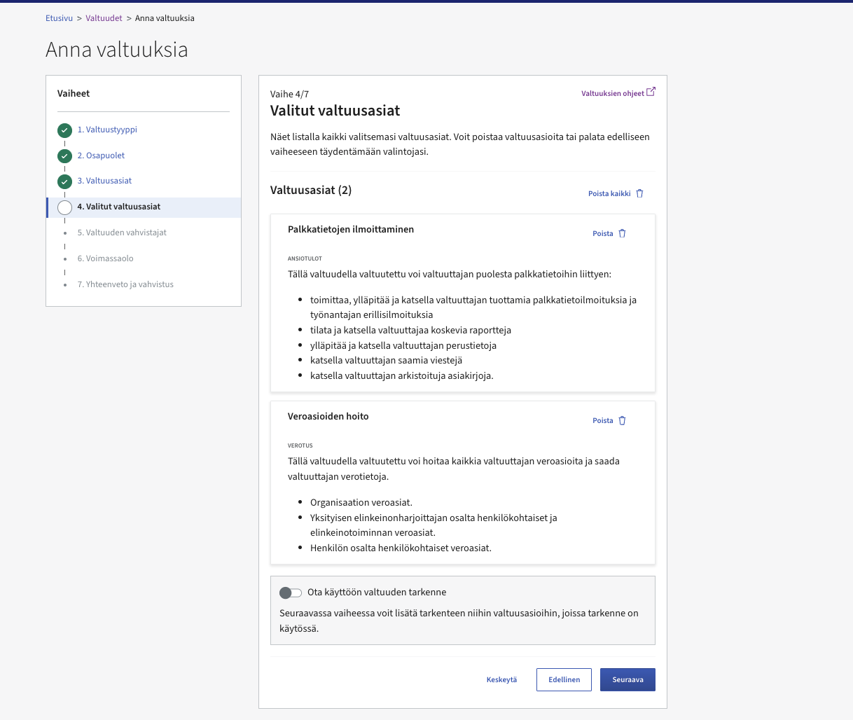 Suomi.fi grant-mandates step 4 of 7: selected mandate themes review