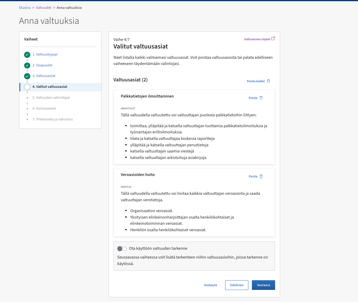 Suomi.fi grant-mandates step 4 of 7: selected mandate themes review