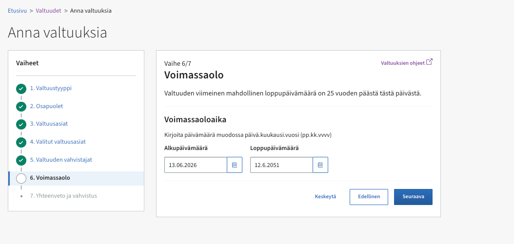 Suomi.fi grant-mandates step 6 of 7: validity period start and end dates