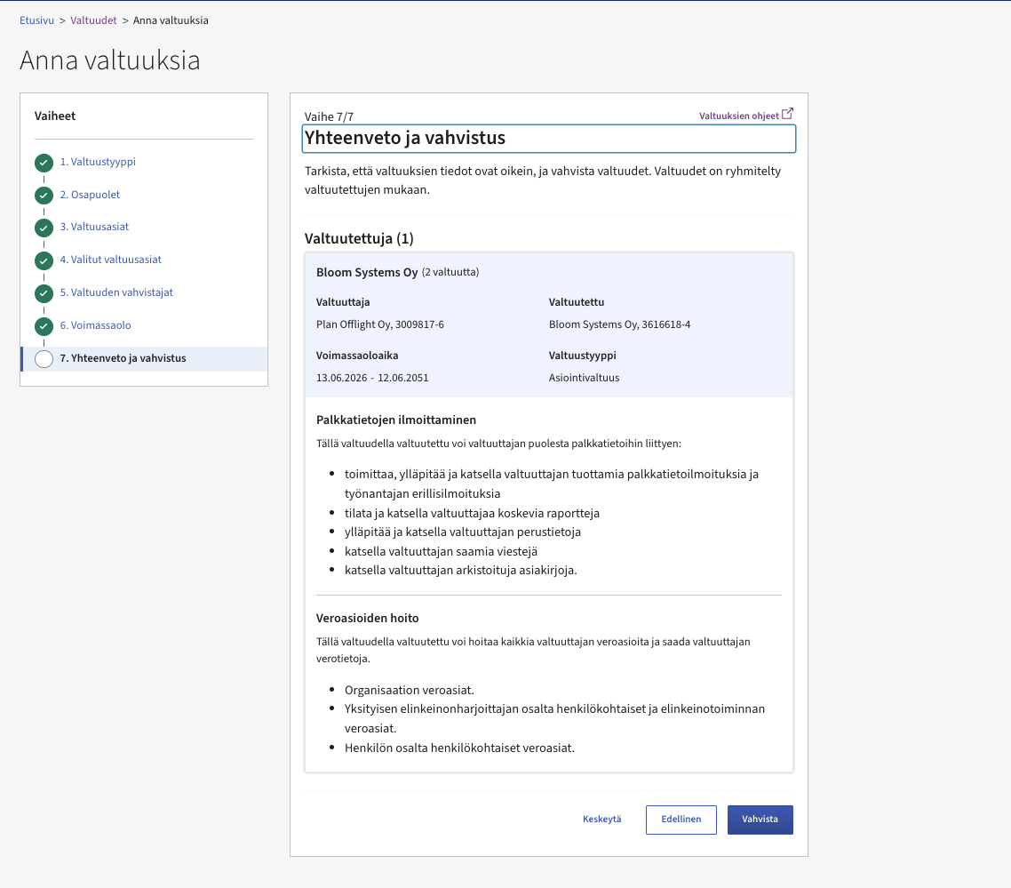 Suomi.fi grant-mandates step 7 of 7: summary and confirmation with selected mandate themes listed