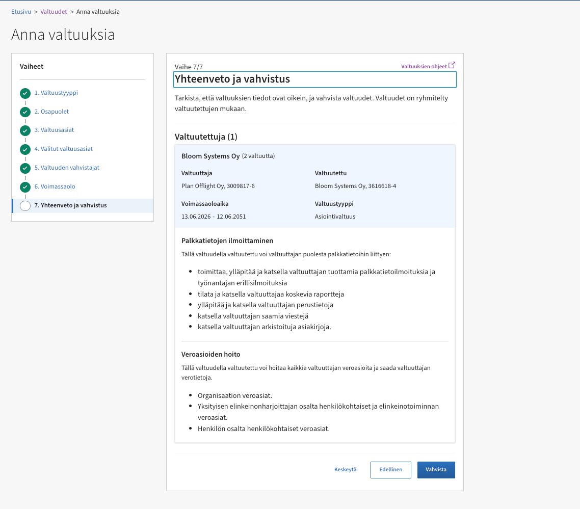 Suomi.fi grant-mandates step 7 of 7: summary and confirmation with selected mandate themes listed
