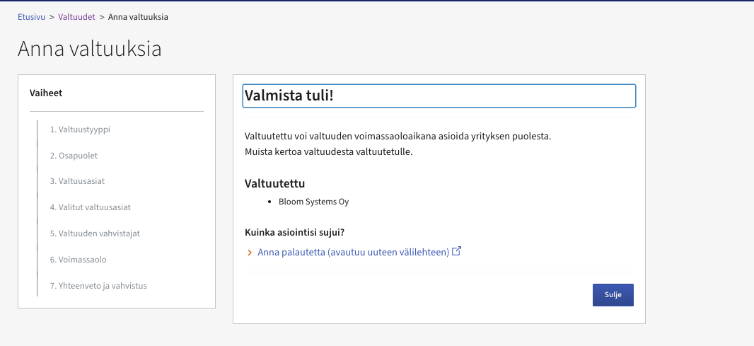 Suomi.fi confirmation page after granting the mandates