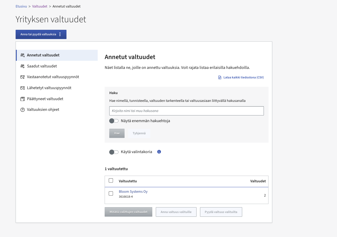 Suomi.fi company mandates page showing Bloom Systems Oy with granted mandates