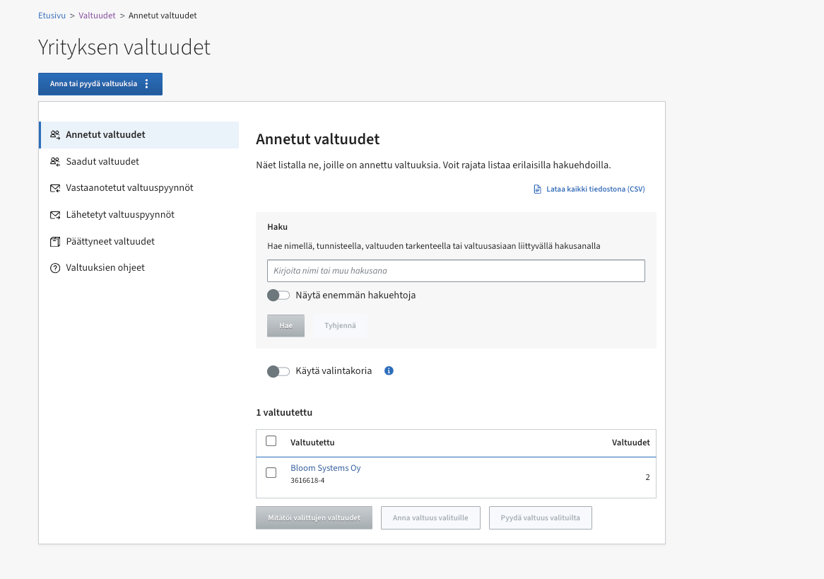 Suomi.fi company mandates page showing Bloom Systems Oy with granted mandates