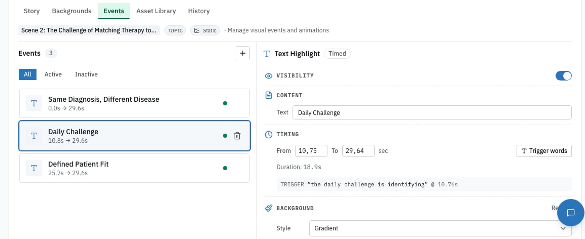 The Events tab with an event selected and its properties panel