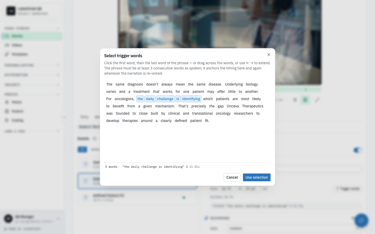The trigger words picker with a phrase selected