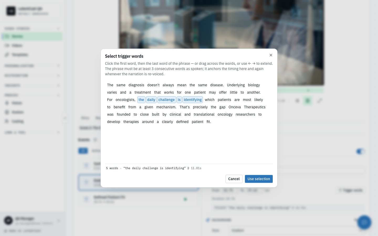 The trigger words picker with a phrase selected