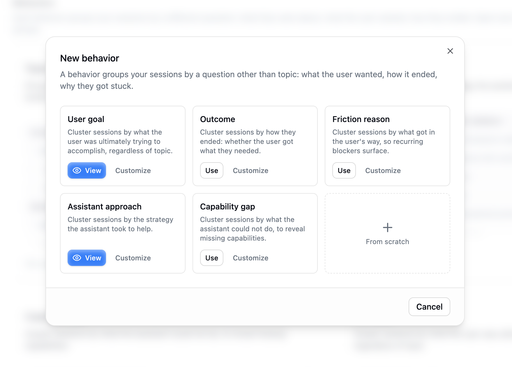 The new-behavior modal showing a grid of preset cards and an option to author a custom behavior