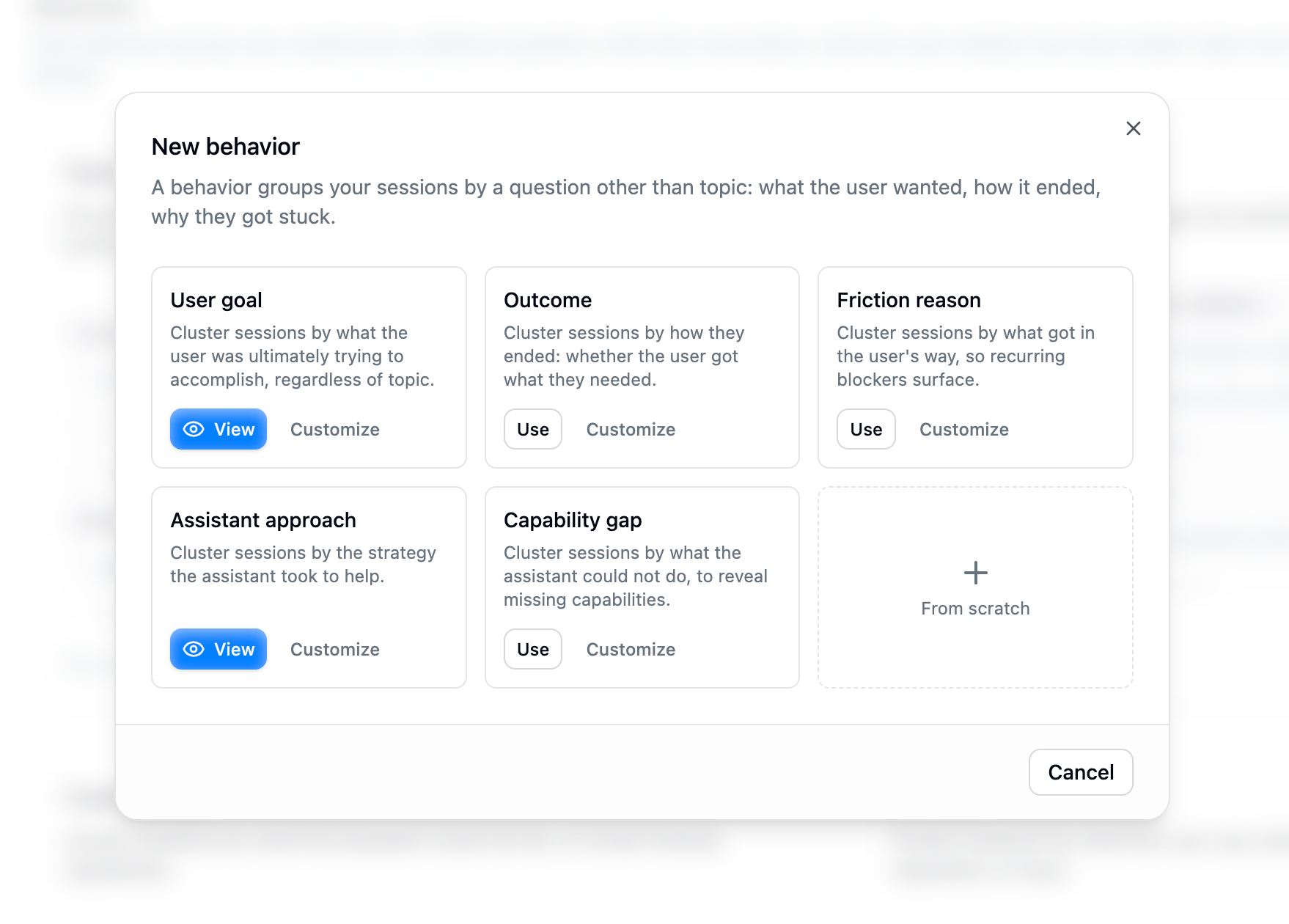The new-behavior modal showing a grid of preset cards and an option to author a custom behavior