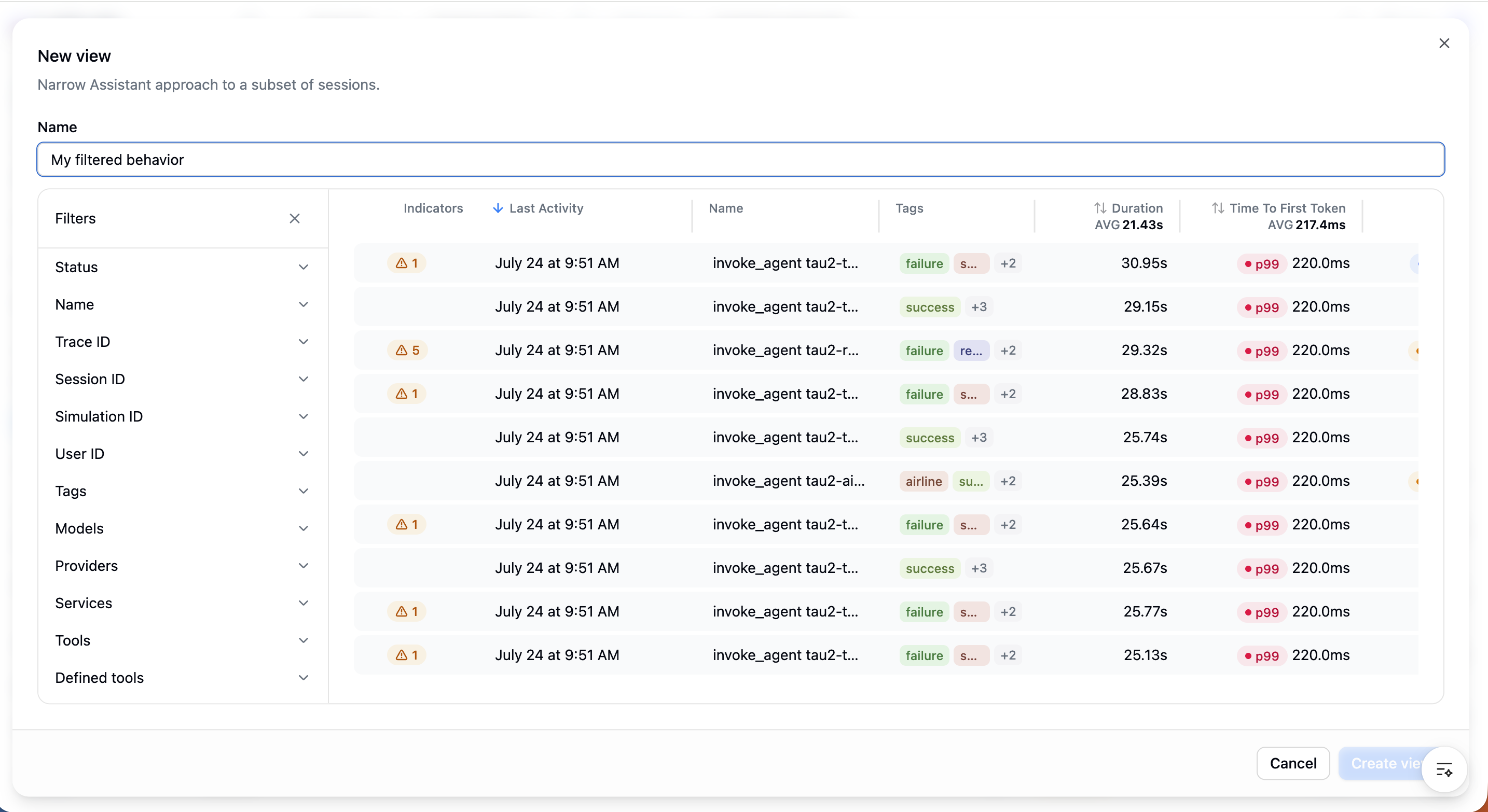 The new-view modal filtering a behavior down to a subset of sessions