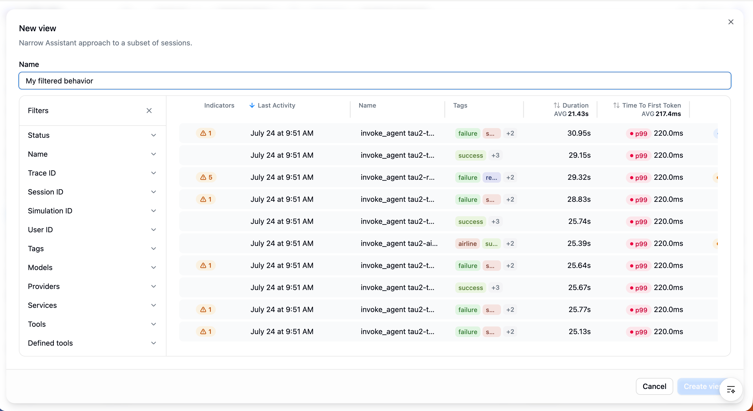 The new-view modal filtering a behavior down to a subset of sessions