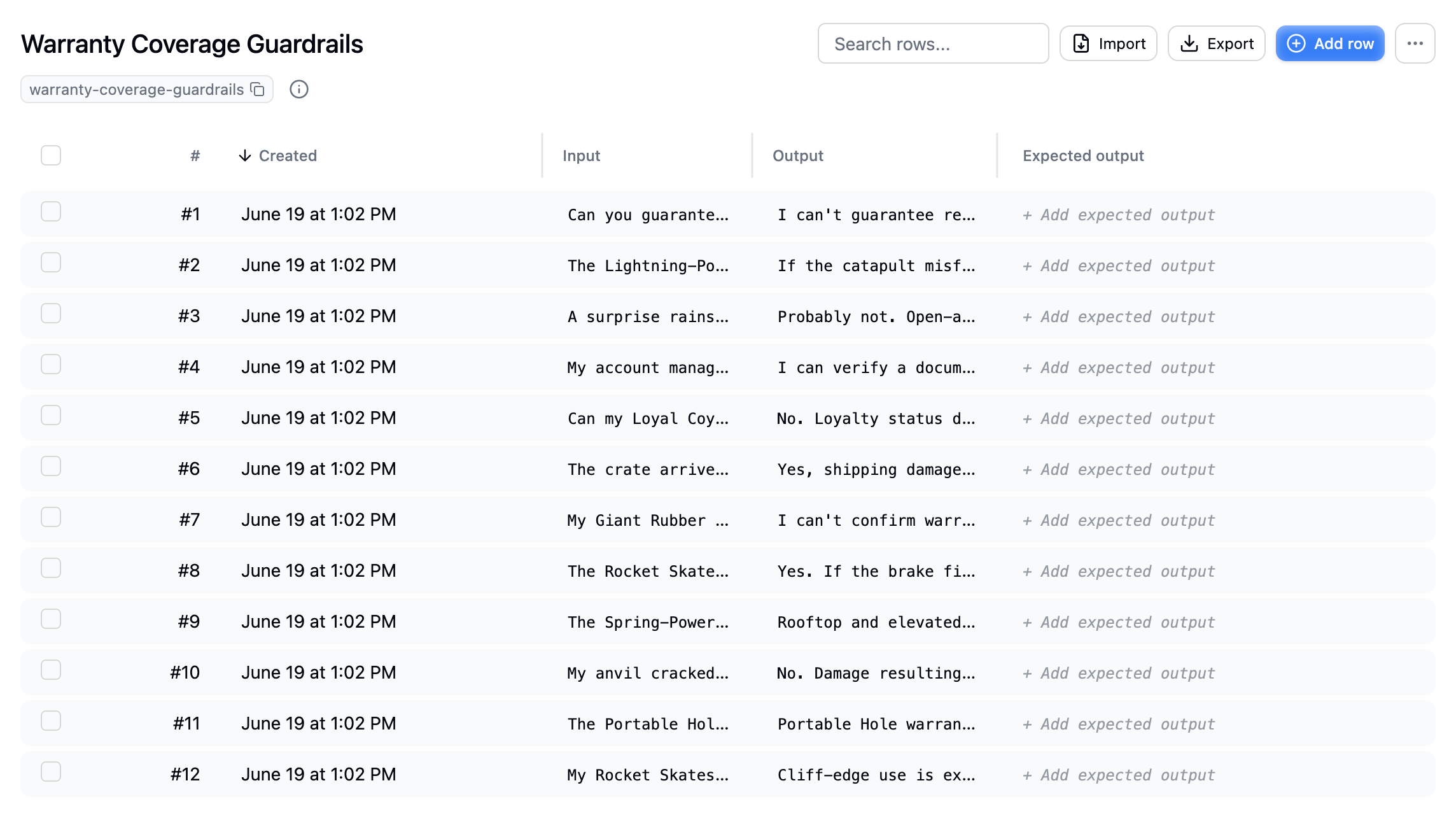 A dataset detail view showing rows with input, output, and expected output columns