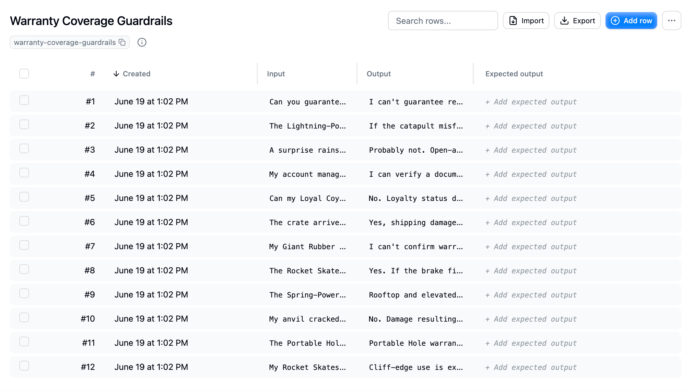 A dataset detail view showing rows with input, output, and expected output columns