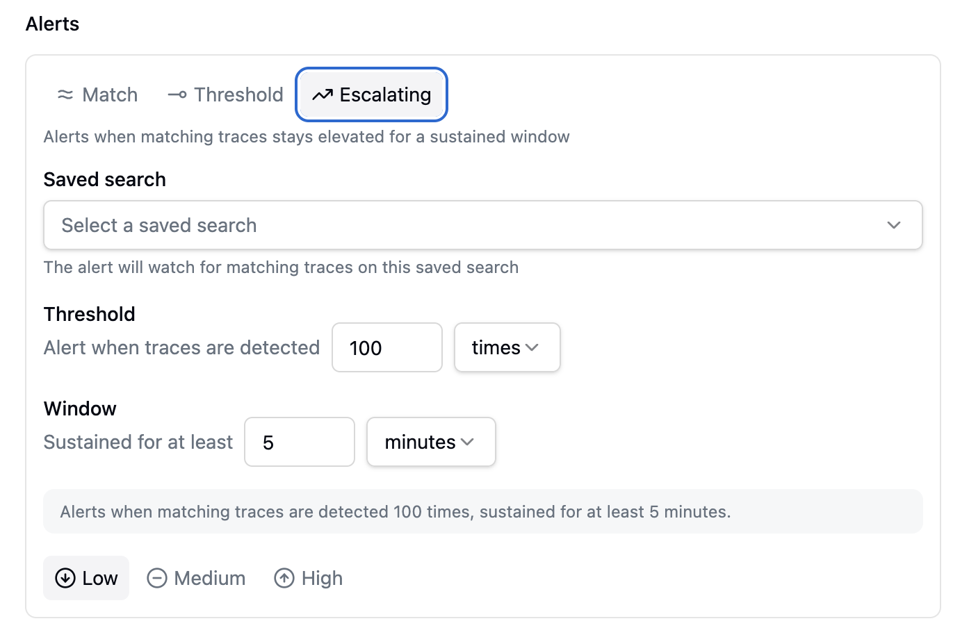 An Escalating alert combining an absolute threshold with a sustained-for-at-least window