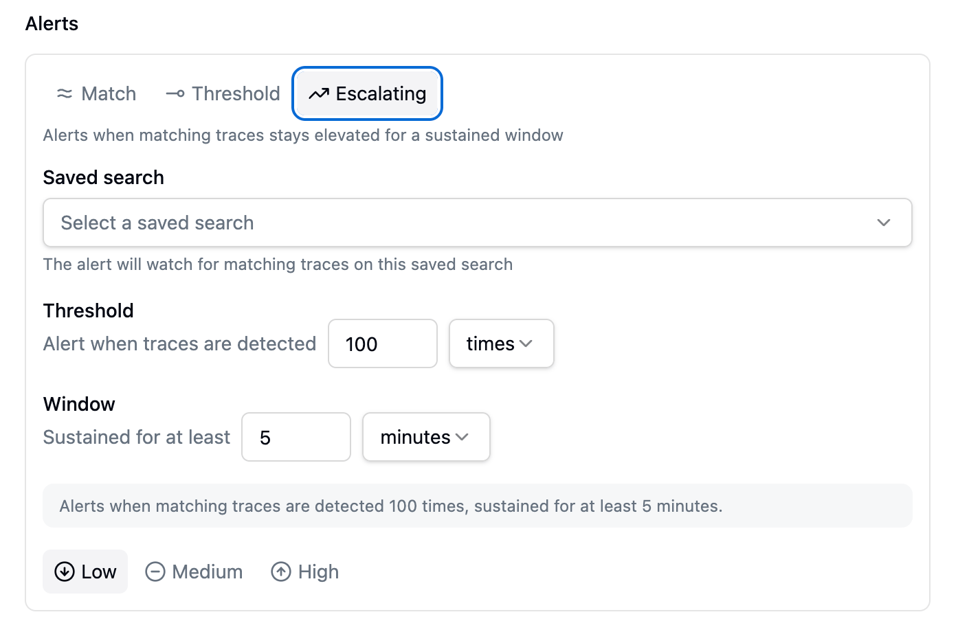 An Escalating alert combining an absolute threshold with a sustained-for-at-least window