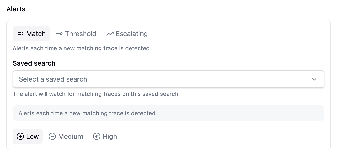 A Match alert card with the saved-search selector and severity options