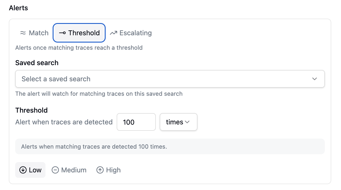 A Threshold alert card configured to alert when traces are detected 100 times