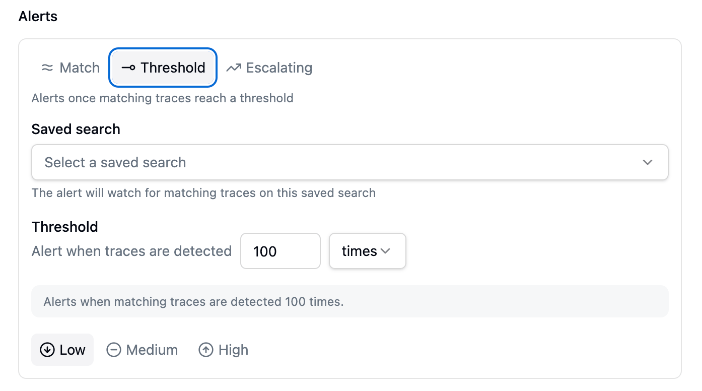 A Threshold alert card configured to alert when traces are detected 100 times