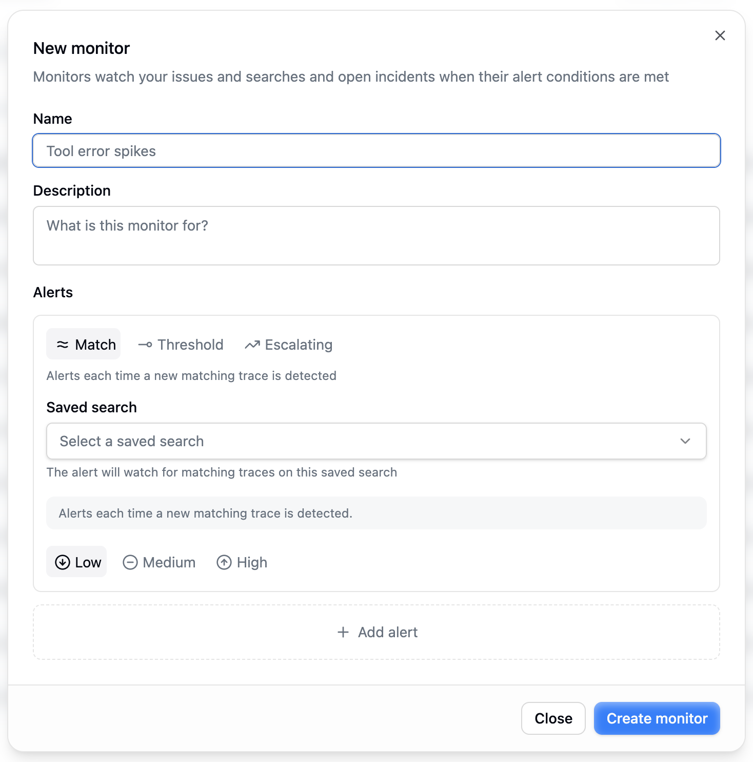 The New monitor form with a saved-search alert and its plain-English preview sentence